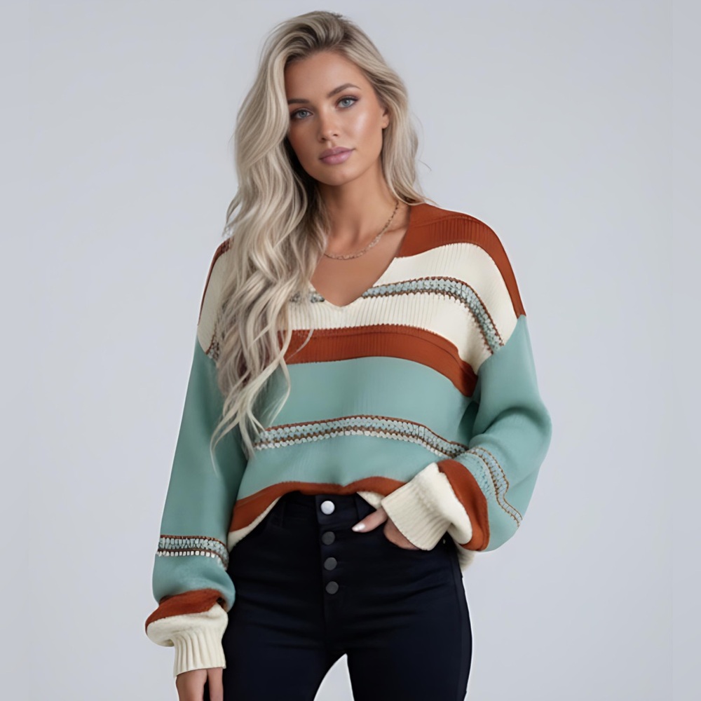 Striped Design Sweater with a V-neck
